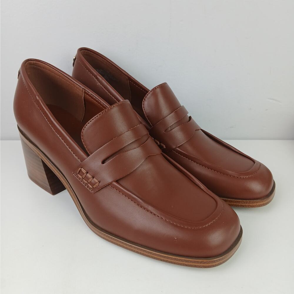 Marc Fisher Women's SZ 7.5 Vegan Leather Kchris Heeled Loafers In Brown NEW - Picture 2 of 8